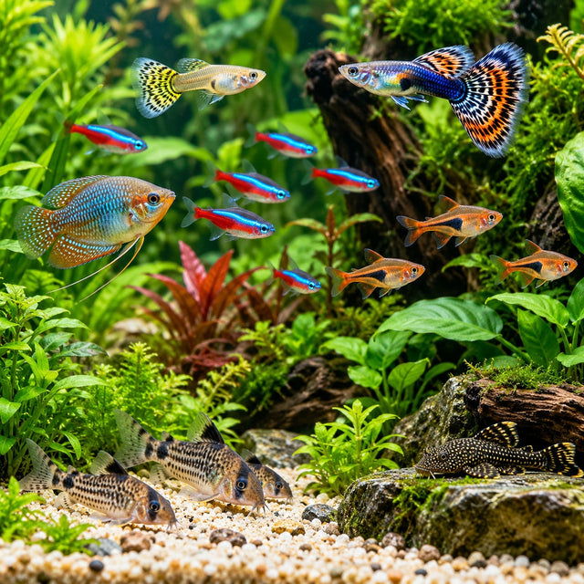 Illustrative freshwater community aquarium with colourful fish — Live Fish at Nano Tanks Australia